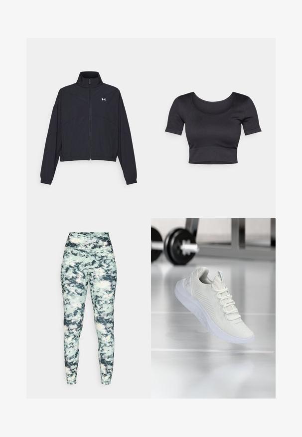 Črna jakna na zadrgo z visokim ovratnikom, elastičnimi manšetami in robom. Ima gladko teksturo in majhen bel logotip na prsih.; Črn rebrast kratek top s kratkimi rokavi, širokim okroglim vratnim izrezom in prilegajočim trakom na dnu. Mehka tekstura, sproščen dizajn.; Higlišna pajkice v večbarvnem mramornem vzorcu; imajo gladko teksturo in oprijet silhueto za poenostavljeno podporo.; Bela športna teniska z mrežastim zgornjim delom z teksturo in sistemom vezalk, ki ima oblazinjen beli podplat in subtilne rebraste detajle.