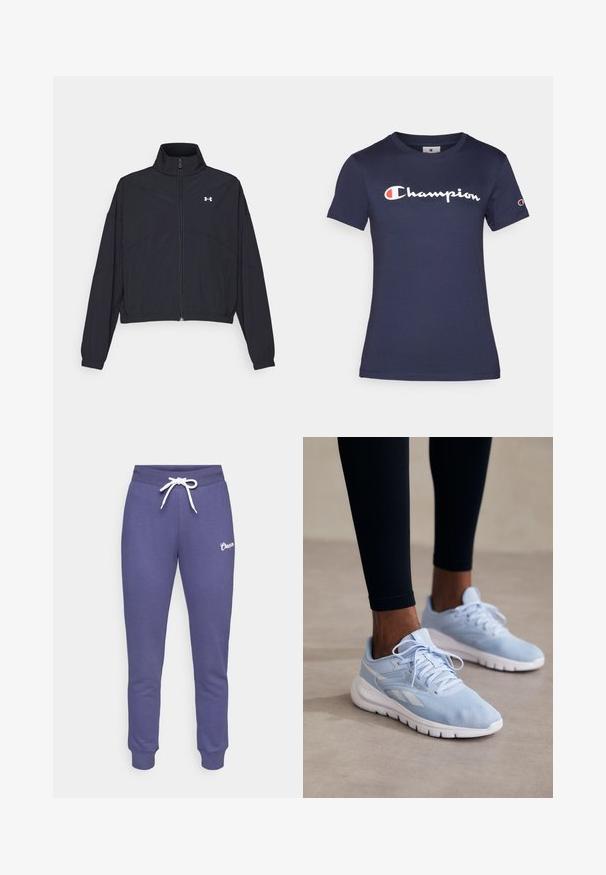 Fekete cipzáras dzseki magas gallérral, elasztikus mandzsettákkal és aljjal. Simaság jellemzi, és egy apró fehér logó található a mellkasán.; Sötétkék pamut póló rövid ujjakkal, fehér "Champion" logóval. Normál szabású, kerek nyakkivágással és puha tapintással.; Lila pamut melegítőnadrág, fehér zsinórral, szűkített lábformával és egy kis fehér logóval a bal combján.; Világoskék sportcipők hálós anyagból, párnázott nyakkal és fehér talppal. Fémzáras és kontrasztos fehér oldalsávokkal rendelkezik.