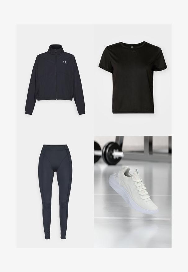 Giacca nera con zip e colletto alto, polsini e orlo elastici. Presenta una texture liscia e un piccolo logo bianco sul petto.; T-shirt nera a maniche corte realizzata in tessuto morbido, con scollatura rotonda e vestibilità rilassata. Presenta dettagli di design minimi.; Leggings neri a vita alta realizzati in tessuto elasticizzato, con lati senza cuciture e design aderente per comfort e libertà di movimento.; Sneaker atletico bianco con tomaia in rete testurizzata e sistema di allacciatura, caratterizzato da una suola bianca ammortizzata e sottili accenti rigati.