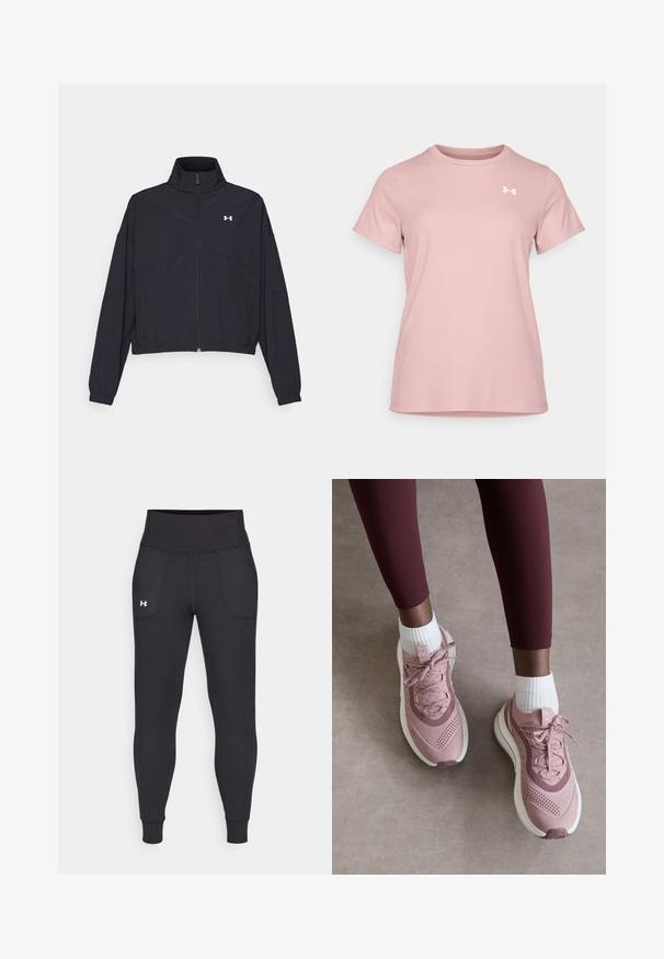 Sort zip-jakke med høj krave, elastiske manchetter og kant. Har en glat tekstur og et lille hvidt logo på brystet.; Under Armour Sports T-shirts - tourmaline pink/white; Sorte atletiske leggings lavet af strækbart materiale, med høj talje, sidelommer og tætsiddende manchetter ved anklerne.; Lyserøde atletiske sko med tekstureret mesh-overdel, snørelukning og hvid sål. Båret med hvide ankelstrømper, sammen med bordeaux leggings.