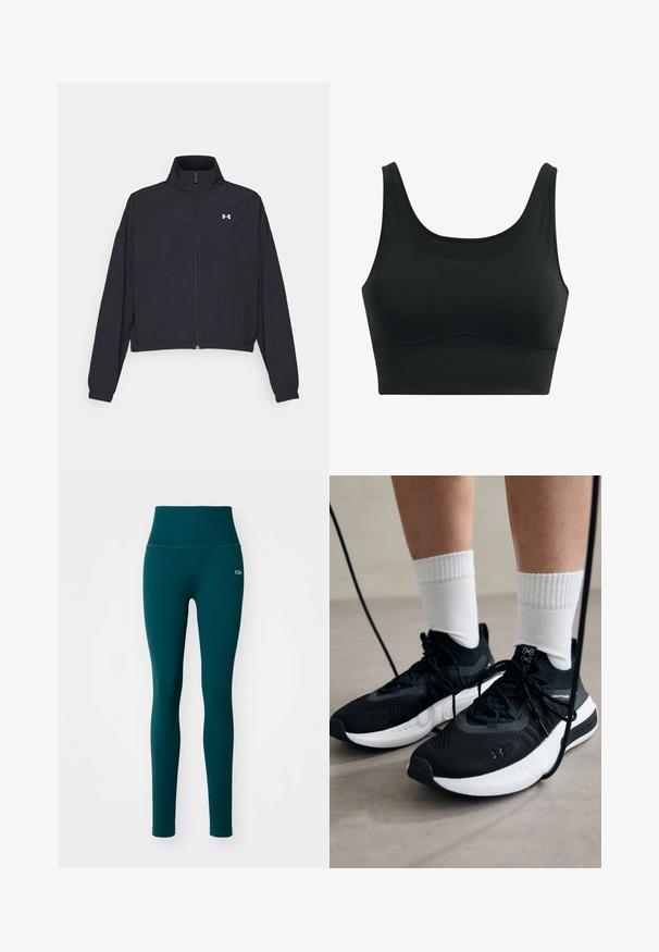 Black zip-up jacket with a high collar, elastic cuffs, and hem. Features a smooth texture and a small white logo on the chest.; Black sports bra made of smooth fabric, featuring a scoop neck, wide straps, and seamless design with a curved hemline.; Teal high-waisted leggings made from ribbed fabric. Features a smooth texture and a small logo on the left hip. No patterns or embellishments.; Black athletic shoes with textured fabric, white sole, and black laces. Worn with white ribbed socks, standing on a light surface.