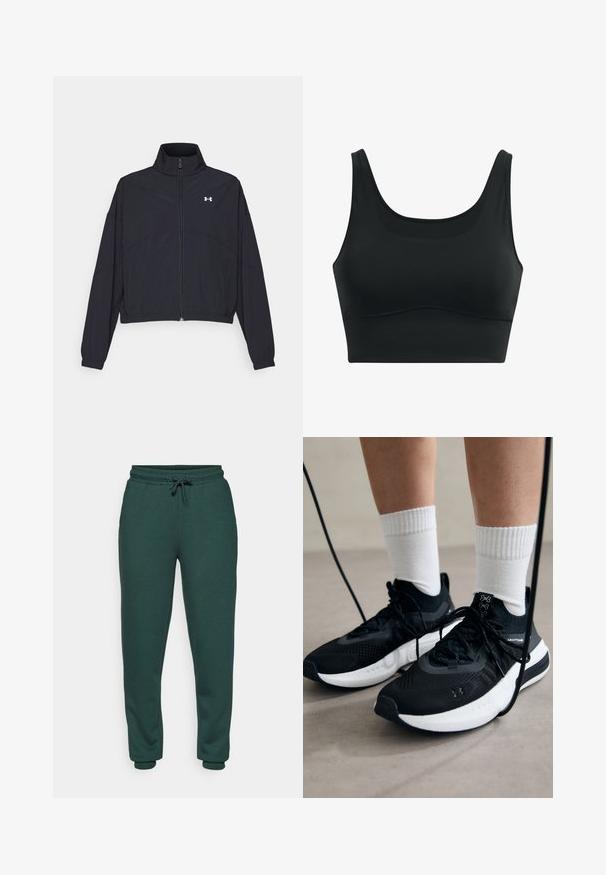 Black zip-up jacket with a high collar, elastic cuffs, and hem. Features a smooth texture and a small white logo on the chest.; Black sports bra made of smooth fabric, featuring a scoop neck, wide straps, and seamless design with a curved hemline.; Green sweatpants made of soft, textured fabric. Features elastic waistband with drawstring, tapered legs, and fitted cuffs at the ankles.; Black athletic shoes with textured fabric, white sole, and black laces. Worn with white ribbed socks, standing on a light surface.