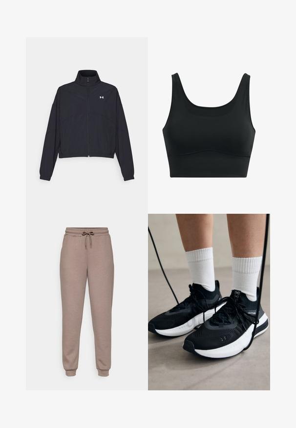 Zwarte zip-up jas met een hoge kraag, elastische manchetten en zoom. Beschikt over een soepele textuur en een klein wit logo op de borst.; Zwarte sportbh van gladde stof, met een ronde hals, brede bandjes en een naadloos ontwerp met een gebogen zoom.; ONLY Play ONPLOUNGE LIFE REG NOOS - Trainingsbroek - brown; Zwarte sportschoenen van gestructureerde stof, met een witte zool en zwarte veters. Draag ze met witte geribde sokken, staand op een lichte ondergrond.