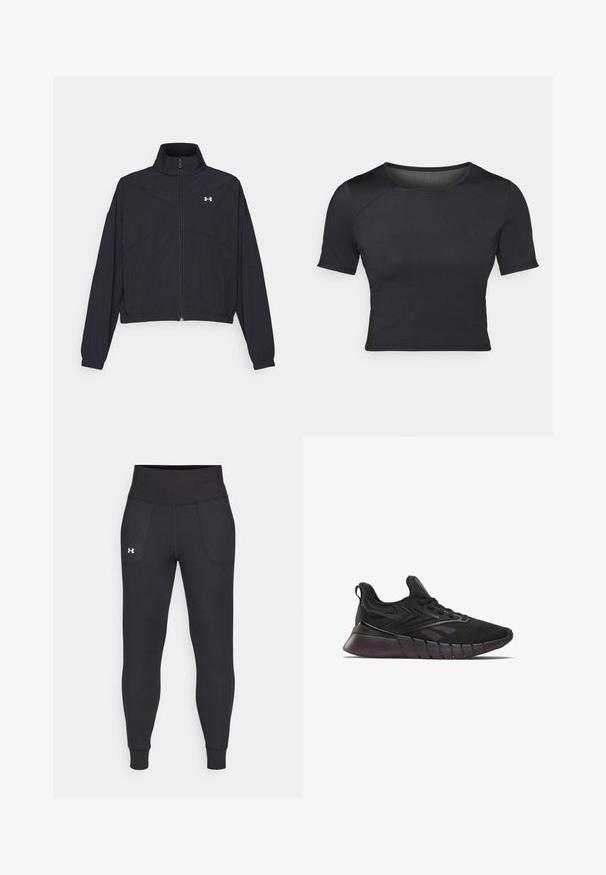 Svart zip-up jakke med høy krage, elastiske mansjetter og hem. Har en glatt tekstur og en liten hvit logo på brystet.; Svart kortermet crop top laget av glatt, stretchy stoff med rund halslinning og subtile sømdetaljer på skuldrene.; Svarte sportsleggings laget av elastisk materiale, med høy midje, sidelommer og tettsittende mansjetter ved ankelen.; Svart atletisk sko med mesh-overdel, distinkt dempende såle og teksturerte detaljer. Har et strømlinjeformet design med lilla detaljer.