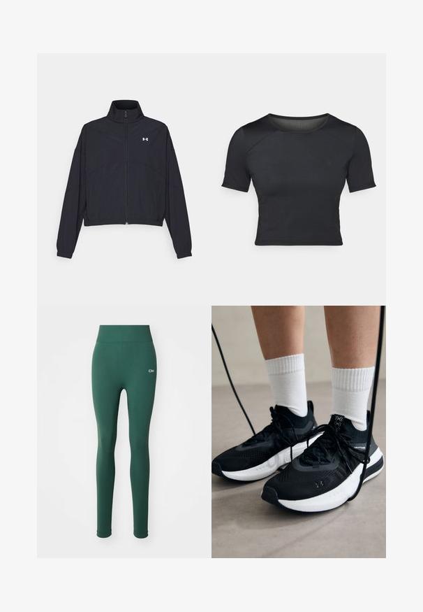 Black zip-up jacket with a high collar, elastic cuffs, and hem. Features a smooth texture and a small white logo on the chest.; Black short-sleeve crop top made of smooth, stretchy fabric with a round neckline and subtle seam details on the shoulders.; Green leggings with a smooth texture, high waistband, and subtle logo detail on the front. Fitted design and full-length coverage.; Black athletic shoes with textured fabric, white sole, and black laces. Worn with white ribbed socks, standing on a light surface.