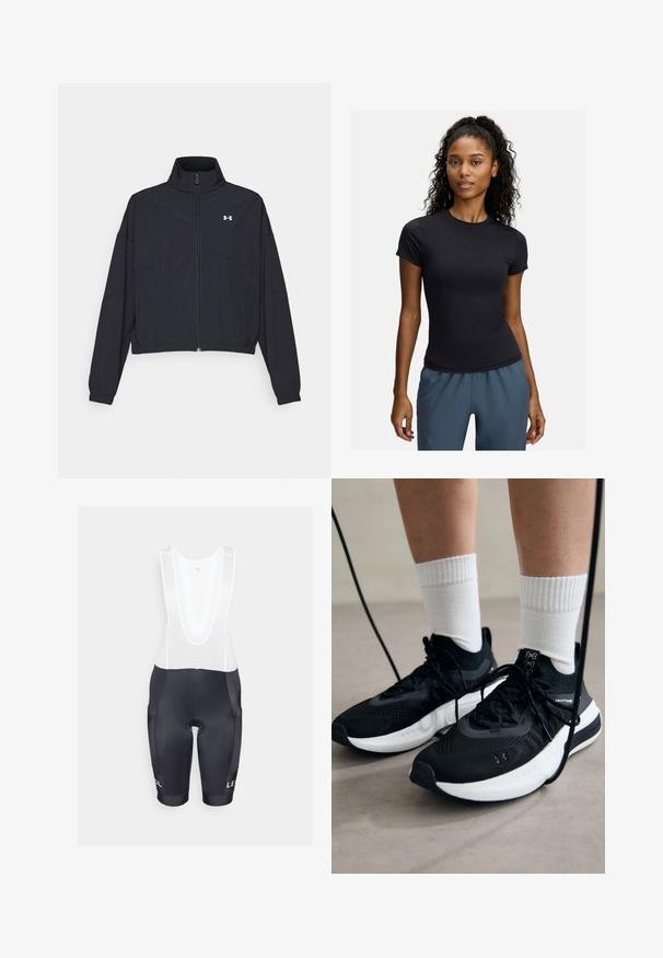 Juodas užtrauktuku užsegamas džemperis su aukštu apykaklės kraštu, elastingomis rankogaliais ir apačia. Pasižymi lygiu tekstūru ir mažuoju baltu logotipu ant krūtinės.; Juodas trumpas rankovės sportinis marškinėlis, pagamintas iš elastingos medžiagos, su apvaliu kaklu ir prigludusia apdaila, derinamas su pilkais sportiniais kelnais.; Juodi dviratininkų šortai su kvėpuojančia balta tinkleliu viršuje, paminkštintu sėdimu ir šoninėmis kišenėmis. Pabrėžiama kontrastinga balta "LE COL" ženklai.; Juodi sportiniai batai su tekstūruotu audiniu, balta padu ir juodais raiščiais. Dėvimi su baltais raištiniais kojiniais, stovint lengvame paviršiuje.