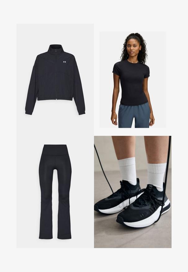 Black zip-up jacket with a high collar, elastic cuffs, and hem. Features a smooth texture and a small white logo on the chest.; Black short-sleeve athletic t-shirt made of stretchy fabric, featuring a round neckline and a fitted design, paired with gray athletic pants.; Black flared leggings made from a stretchy fabric with a high waistband. Features smooth texture and minimal stitching details.; Black athletic shoes with textured fabric, white sole, and black laces. Worn with white ribbed socks, standing on a light surface.