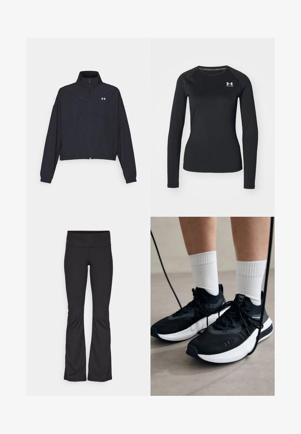 Zwarte zip-up jas met een hoge kraag, elastische manchetten en zoom. Beschikt over een soepele textuur en een klein wit logo op de borst.; Zwart sportshirt met lange mouwen, gemaakt van een gladde stof, met een ronde halslijn en een klein wit logo op de linkerborst.; Champion PERFORMANCE FLARE LEGGINS - Tights - black; Zwarte sportschoenen van gestructureerde stof, met een witte zool en zwarte veters. Draag ze met witte geribde sokken, staand op een lichte ondergrond.