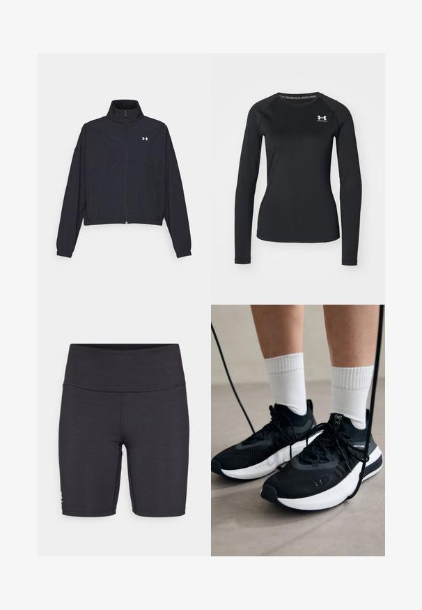Schwarze Jacke mit Reißverschluss und hohem Kragen, elastischen Bündchen und Saum. Sie hat eine glatte Textur und ein kleines weißes Logo auf der Brust.; Schwarzes langärmliges Sportshirt aus glattem Material, mit Rundhalsausschnitt und einem kleinen weißen Logo auf der linken Brust.; Schwarze Sportshorts aus dehnbarem Material mit hohem Bund und flachen Nähten. Für Komfort und Beweglichkeit konzipiert.; Schwarze Sportschuhe aus strukturiertem Stoff, mit weißer Sohle und schwarzen Schnürsenkeln. Tragen mit weißen gerippten Socken, stehen auf einer hellen Fläche.