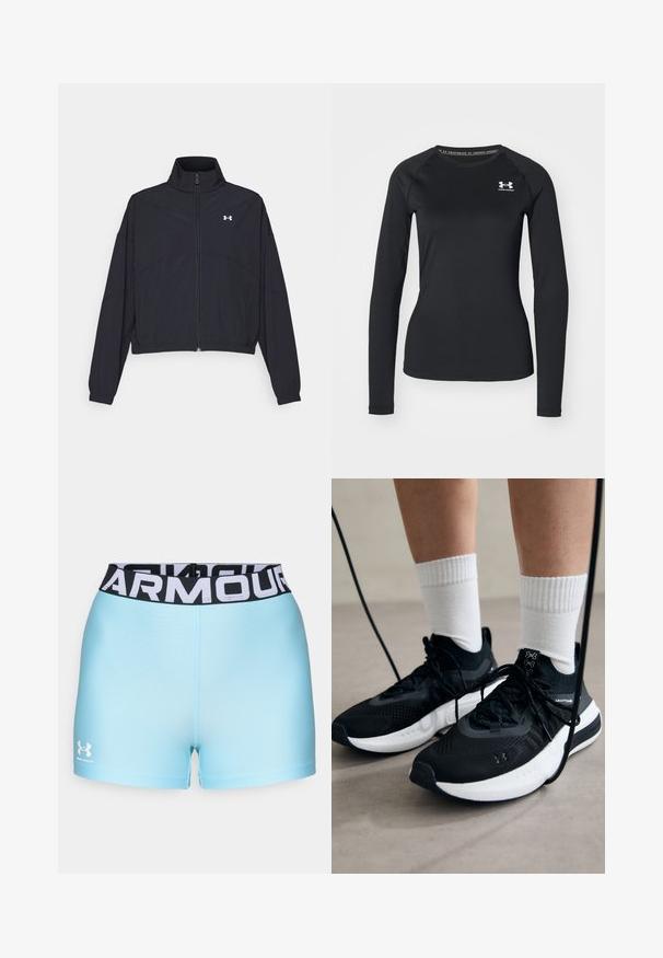 Giacca nera con zip e colletto alto, polsini e orlo elastici. Presenta una texture liscia e un piccolo logo bianco sul petto.; Maglietta sportiva nera a maniche lunghe realizzata in tessuto liscio, con scollatura tonda e un piccolo logo bianco sul lato sinistro del petto.; Shorts sportivi azzurri chiari con vita nera che presenta il testo bianco "ARMOUR". Il materiale sembra liscio con un design aderente. Logo di Under Armour visibile.; Scarpe sportive nere con tessuto testurizzato, suola bianca e lacci neri. Indossate con calzini bianchi a costine, in piedi su una superficie chiara.