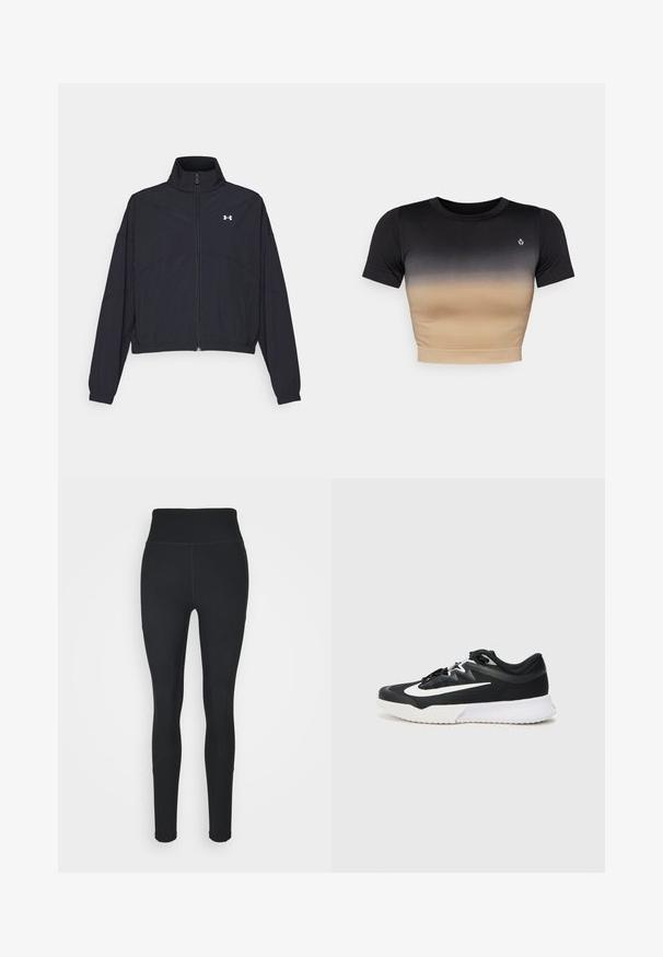Black zip-up jacket with a high collar, elastic cuffs, and hem. Features a smooth texture and a small white logo on the chest.; Short-sleeve crop top with a gradient from black to beige. Smooth texture, round neckline, and a subtle logo on the chest.; Black leggings made of stretchy fabric, featuring a high waistband, ribbed panels on the sides, and a fitted design tapering at the ankles.; Black athletic shoe with white accents, featuring a textured upper, round toe, flat laces, and a thick white rubber sole.