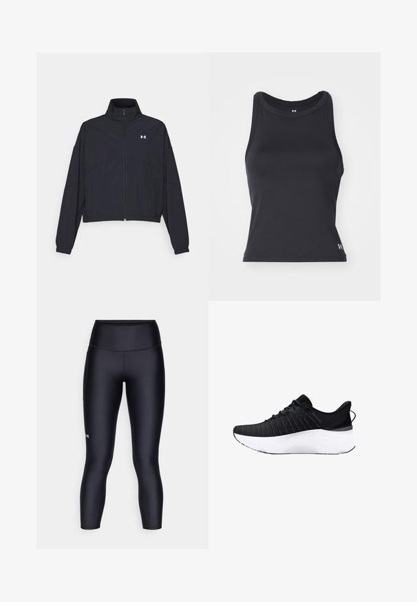 Black zip-up jacket with a high collar, elastic cuffs, and hem. Features a smooth texture and a small white logo on the chest.; Black, sleeveless athletic tank top with a round neckline, made of smooth, stretchable material. Features a small logo on the bottom right.; Black leggings made of smooth, stretchy fabric. High-waisted design with a close fit and a small logo on the left leg.; Black athletic shoe with a textured knit upper, white midsole, and black outsole. Features a padded collar and laces for secure fit.