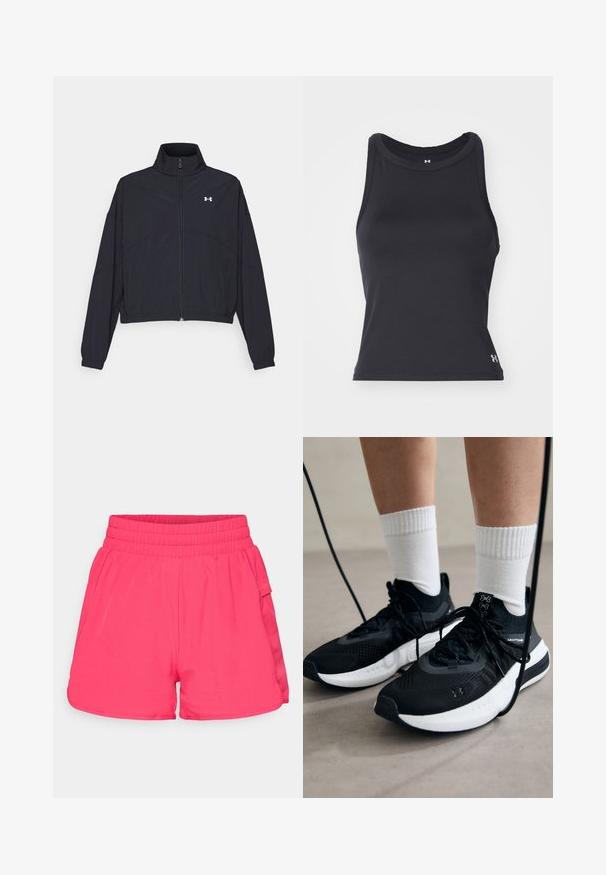 Must Musta tõmblukuga jakk, millel on kõrge krae, elastsed mansetid ja alläär. Omab sujuvat tekstuuri ja rinnal väikest valget logo.; Must musta, ilma varrukat sportlik tank topp ümmarguse kaelusega, valmitud siledast, elastsetest materjalidest. Omab väikest logo alumises paremas nurgas.; Roosa sportlikud lühikesed püksid elastse vöökoha, küljetaskute ja sujuva tekstuuriga, loodud mugavuseks ja liikuvuseks.; Mustad mustad jalanõud tekstuuritud kangast, valge tallaga ja mustade paeltega. Kanna valgete soonikkudega sokkide sisse, seistes helesinisel pinnal.