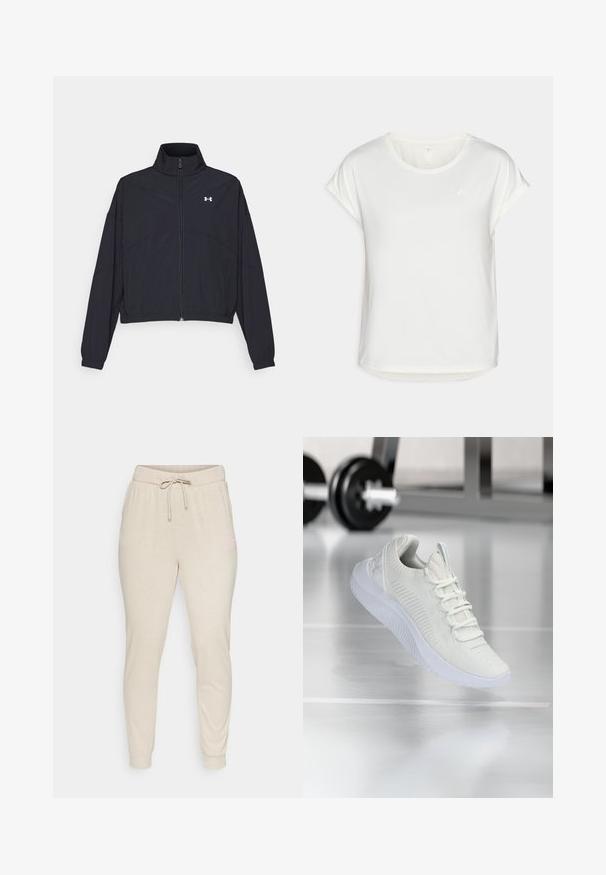 Must Musta tõmblukuga jakk, millel on kõrge krae, elastsed mansetid ja alläär. Omab sujuvat tekstuuri ja rinnal väikest valget logo.; Valge lühikeste varrukate ja ümmarguse kaelusega t-särk, valmistatud siledast kangast. Omab kerget volti varrukatel ja peent logo detaili rinnal.; Beesidist kangad, pehmest kangast, millel on elastne vöökoht ja ketsid ning ribikätendused. Küljel väike roosa logo detail.; Valge sportlik tennis, millel on tekstureeritud võrkkangas ülemine osa ja nööbilukusüsteem, millel on pehme valge tall ning delikaatsed ribalised aksendid.