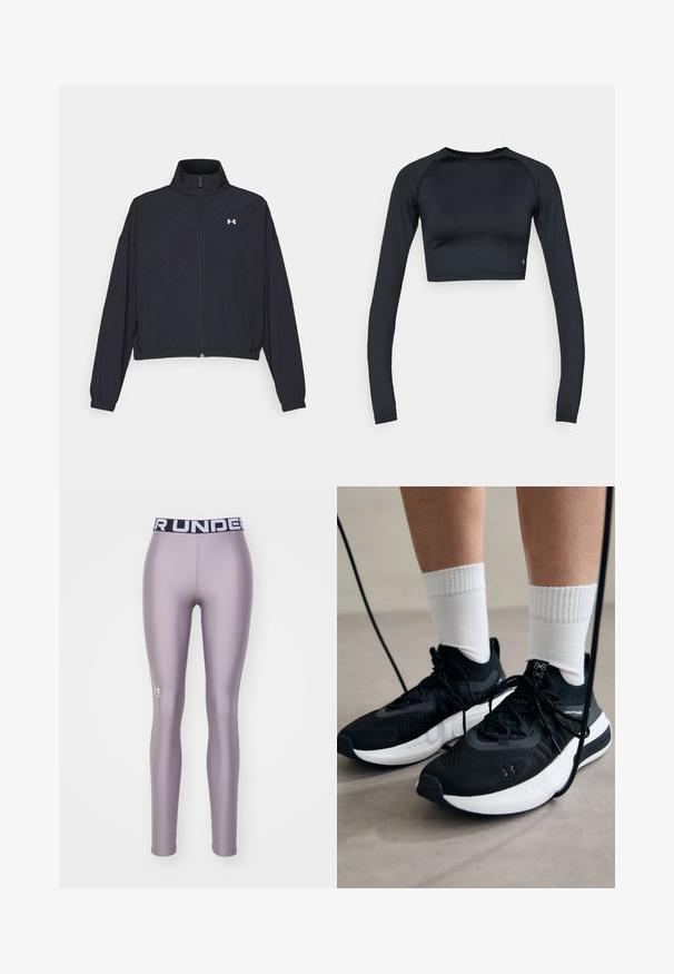 Giacca nera con zip e colletto alto, polsini e orlo elastici. Presenta una texture liscia e un piccolo logo bianco sul petto.; Top corto nero a maniche lunghe realizzato in tessuto liscio ed elastico. Presenta uno scollo rotondo e un design aderente, con dettagli sottili sull'orlo.; Leggings di colore viola chiaro, realizzati in materiale liscio ed elastico. Presentano un cintura nera con "UNDER ARMOUR" stampato in bianco. Logo sulla gamba.; Scarpe sportive nere con tessuto testurizzato, suola bianca e lacci neri. Indossate con calzini bianchi a costine, in piedi su una superficie chiara.