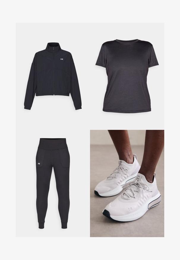 Melnā zipa jakā ar augstu apkakli, elastīgām piedurknēm un apakšmalu. Tai ir gluda tekstūra un neliels balts logo uz krūšu daļas.; Pelēks īslietojuma T-krekls, izgatavots no viegla auduma, ar apaļu kaklu, gludu tekstūru un vieglu logo uz krūšu daļas.; Melnas sporta legingi, kas izgatavoti no stiepjama materiāla, ar augstu jostasvietu, sānu kabatām un pieguļošiem anklets.; Gaiši pelēki sporta apavi ar teksturētu adījumu augšdaļu, ar mīkstu zoli un melniem akcentiem, paredzēti komfortam un veiktspējai.