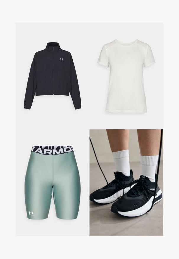 Black zip-up jacket with a high collar, elastic cuffs, and hem. Features a smooth texture and a small white logo on the chest.; White short-sleeve t-shirt made of soft fabric, featuring a round neckline and a relaxed fit with smooth, seamless shoulder accents.; Light green athletic shorts with a smooth texture, featuring a black waistband with "ARMOUR" in white lettering and a small white logo.; Black athletic shoes with textured fabric, white sole, and black laces. Worn with white ribbed socks, standing on a light surface.