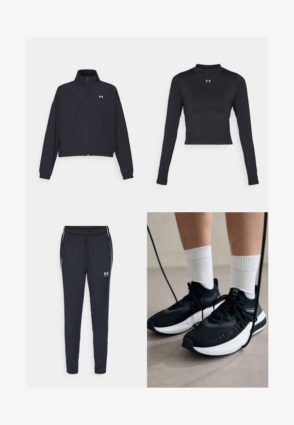 Čierna zipová bunda s vysokým golierom, elastickými manžetami a lemom. Má hladkú textúru a malé biele logo na hrudi.; Čierny dlhý rukáv crop top zo hladkej, elastickej látky s vysokým golierom a malým reflexným logom na hrudi.; Čierne športové nohavice vyrobené z ľahkej tkaniny, s tapered strihom, elastickým pásom a bielymi bočnými pruhmi s logom.; Čierne športové topánky s textúrovanou tkaninou, bielou podrážkou a čiernymi šnúrkami. Nosené s bielymi rebrovanými ponožkami, postavené na svetlom povrchu.