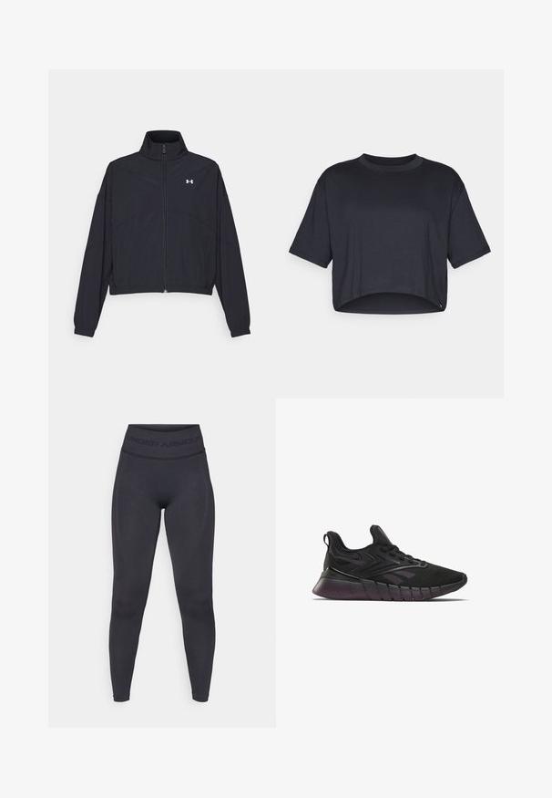 Juodas užtrauktuku užsegamas džemperis su aukštu apykaklės kraštu, elastingomis rankogaliais ir apačia. Pasižymi lygiu tekstūru ir mažuoju baltu logotipu ant krūtinės.; Trumpas juodas marškinėliai, pagaminti iš minkštos medvilnės, su apvaliu kaklu ir trumpomis rankovėmis, su švariu kraštu ir be matomų raštų ar akcentų.; Juodos leggingai su aukštu elastiniu juosmeniu, kuriame yra tekstas "UNDER ARMOUR". Lygus paviršius su subtiliais raštų akcentais palei kojas.; Juodas sportinis batas su tinklo viršumi, išskirtine pagalvių padu ir tekstūruotais akcentais. Yra stilingas dizainas su violetiniais akcentais.