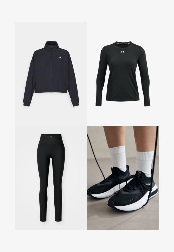 Must Musta tõmblukuga jakk, millel on kõrge krae, elastsed mansetid ja alläär. Omab sujuvat tekstuuri ja rinnal väikest valget logo.; Must musta pikkade varrukatega spordipaita, mis on valmistatud siledast kangast. Sellel on ümmargune kaelus ja kaelas on Under Armouri logo trükitud.; Mustad mustad retuusid, mis on valmistatud venivast kangast, kõrge ristuva vöökohtaga ja sobiva lõikega. Sujuv tekstuur, ilma nähtavate mustrite või aksessuaarideta.; Mustad mustad jalanõud tekstuuritud kangast, valge tallaga ja mustade paeltega. Kanna valgete soonikkudega sokkide sisse, seistes helesinisel pinnal.