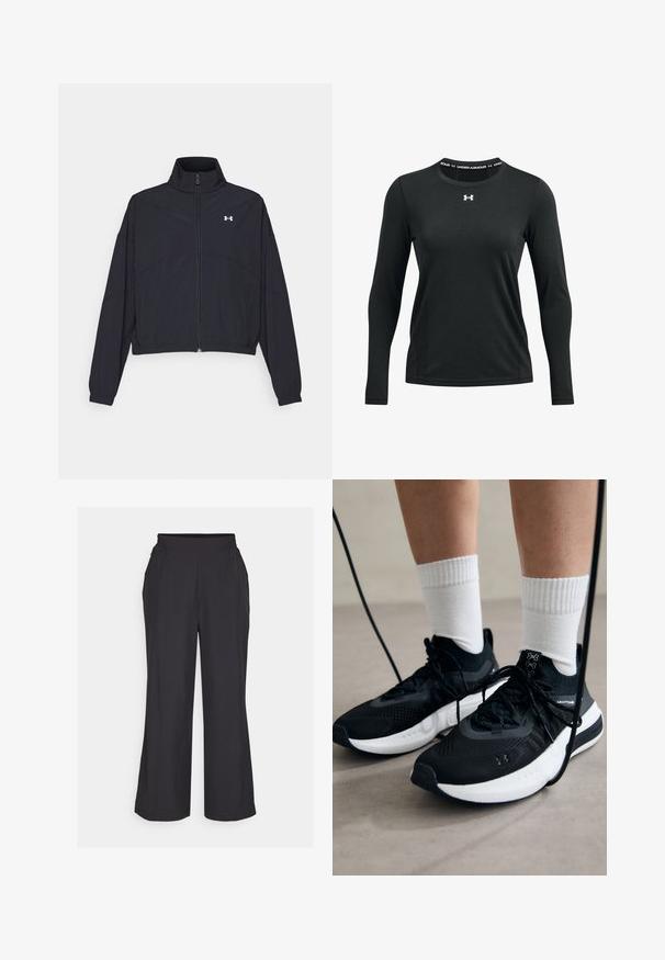 Černá zipová bunda s vysokým límcem, elastickými manžetami a lemem. Má hladkou texturu a malé bílé logo na hrudi.; Černé sportovní tričko s dlouhými rukávy vyrobené z hladkého materiálu. Má kulatý výstřih s logem Under Armour potištěným na límci.; Černé široké kalhoty s elastickým pasem, dvěma bočními kapsami a hladkým, lehkým materiálem. Jednoduchý design, bez viditelných vzorů.; Černé sportovní boty s texturovanou tkaninou, bílou podrážkou a černými tkaničkami. Nosené s bílými žebrovanými ponožkami, stojící na světlém povrchu.