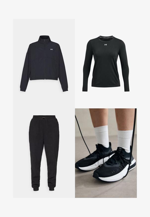 Black zip-up jacket with a high collar, elastic cuffs, and hem. Features a smooth texture and a small white logo on the chest.; Black long-sleeve athletic shirt made of smooth fabric. Features a round neckline with an Under Armour logo printed at the collar.; Black sweatpants made of soft fabric, featuring a relaxed fit, elastic waistband with adjustable drawstring, and cuffed ankles.; Black athletic shoes with textured fabric, white sole, and black laces. Worn with white ribbed socks, standing on a light surface.