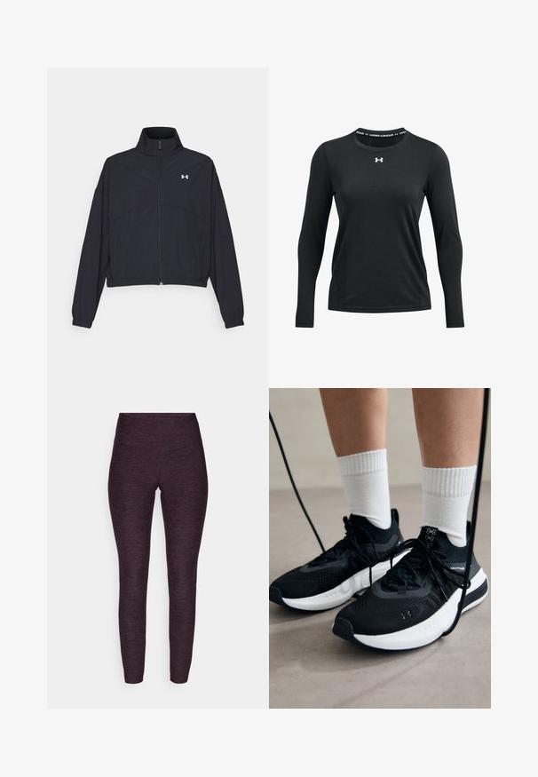 Schwarze Jacke mit Reißverschluss und hohem Kragen, elastischen Bündchen und Saum. Sie hat eine glatte Textur und ein kleines weißes Logo auf der Brust.; Schwarz-langärmliges Sportshirt aus glattem Stoff. Verfügt über einen Rundhalsausschnitt mit einem aufgedruckten Under Armour-Logo am Kragen.; Leggings aus einem dunkelvioletten melierten Stoff, mit einem hohen Bund und einem figurbetonten Design, das eine glatte, dehnbare Textur aufweist.; Schwarze Sportschuhe aus strukturiertem Stoff, mit weißer Sohle und schwarzen Schnürsenkeln. Tragen mit weißen gerippten Socken, stehen auf einer hellen Fläche.