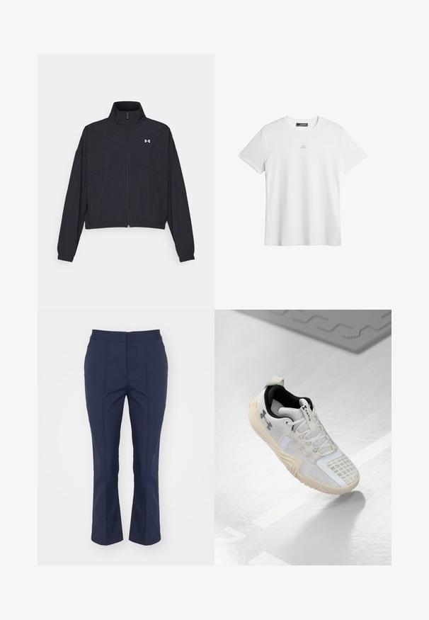 Zwarte zip-up jas met een hoge kraag, elastische manchetten en zoom. Beschikt over een soepele textuur en een klein wit logo op de borst.; Witte T-shirt met korte mouwen, gemaakt van gladde stof. Heeft een minimalistisch grijs logo gecentreerd op de borst. Klassieke ronde hals.; Marineblauwe op maat gemaakte broek met een rechte pasvorm, een gladde textuur, plooien aan de voorkant en een middelhoge tailleband; geen zichtbare zakken of accenten.; Witte sportschoen met een gestructureerde mesh bovenkant, een zwarte binnenkant en een beige rubberen zool met een patroon voor grip. Verfraaid met subtiele details.