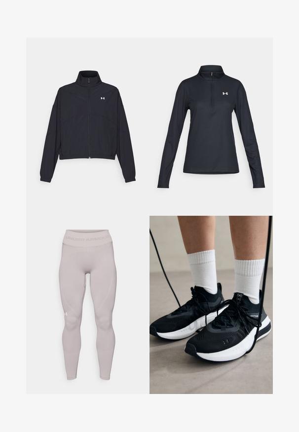 Giacca nera con zip e colletto alto, polsini e orlo elastici. Presenta una texture liscia e un piccolo logo bianco sul petto.; Pullover nero a maniche lunghe con colletto a zip a un quarto, tessuto strutturato, vestibilità slim e logo bianco sulla parte sinistra del petto.; Leggings grigi chiari con un design aderente, realizzati in materiale morbido. Presentano una vita alta con il testo "Under Armour" e dettagli di cucitura discreti.; Scarpe sportive nere con tessuto testurizzato, suola bianca e lacci neri. Indossate con calzini bianchi a costine, in piedi su una superficie chiara.
