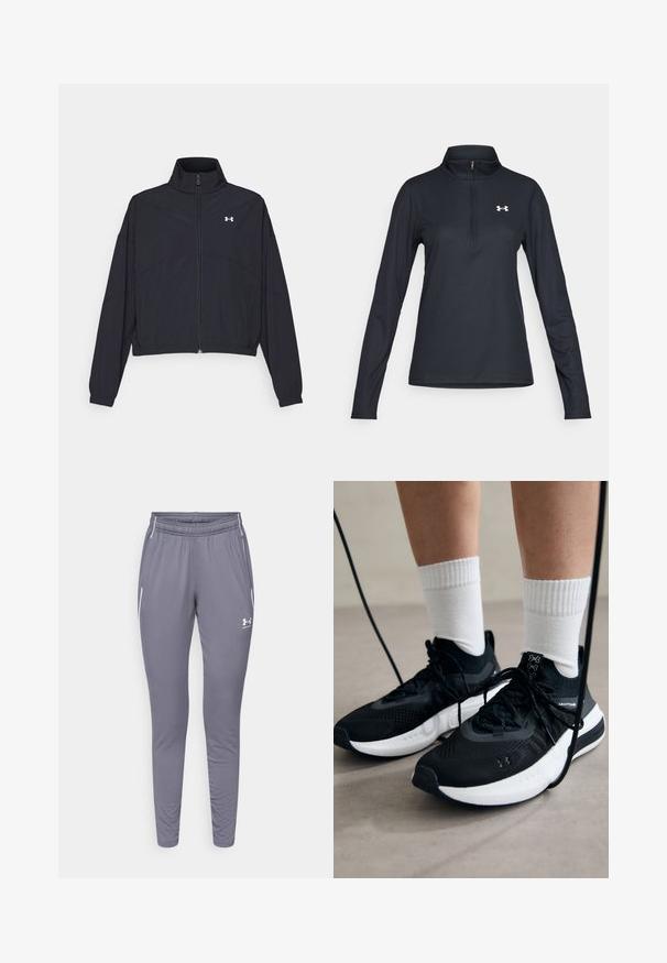 Fekete cipzáras dzseki magas gallérral, elasztikus mandzsettákkal és aljjal. Simaság jellemzi, és egy apró fehér logó található a mellkasán.; Fekete, hosszú ujjú pulóver negyedcipzárral, struktúrált anyagból, karcsú szabásban, fehér logóval a bal mellkasi részen.; Szürke, karcsú fazonú sportnadrág, sima anyagból készült. Rugalmas derékpánttal rendelkezik, és két oldalzsebe fehér díszítéssel ellátott.; Fekete sportcipők textúrált anyagból, fehér talppal és fekete fűzőkkel. Fehér bordázott zoknikkal viselve, világos felületen állva.