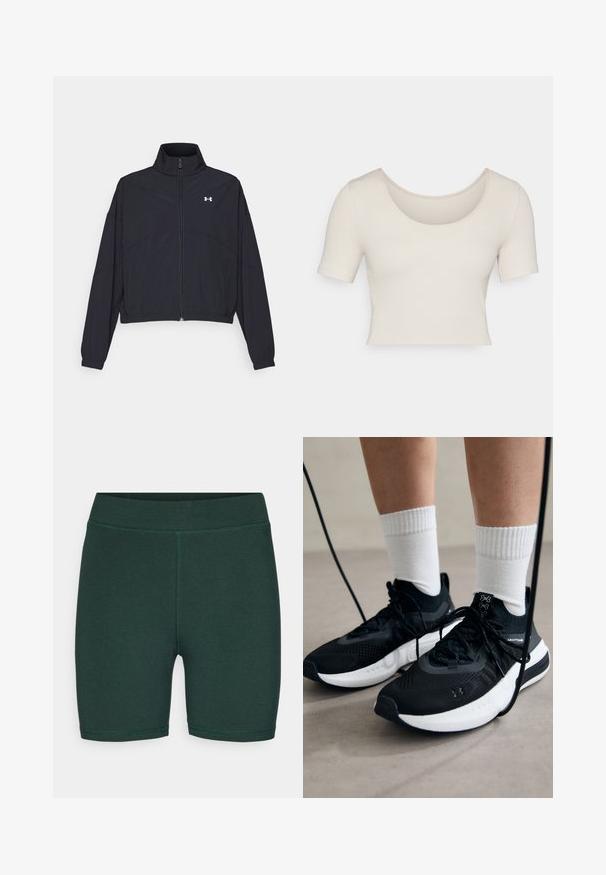 Svart zip-up jacka med hög krage, elastiska ärmslut och fåll. Har en slät textur och en liten vit logotyp på bröstet.; Kortärmad, croppad topp i ljusbeige ribbad tyg. Har en vid rundad halsringning och en tajt passform som framhäver en slät textur.; ONLY Play ONPNOON LIFE SHORTS - Tights - scarab; Svarta sportskor med texturerat tyg, vit sula och svarta snören. Bärs med vita reglerade strumpor, stående på en ljus yta.