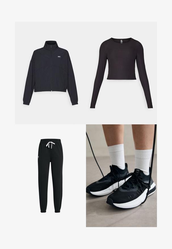 Zwarte zip-up jas met een hoge kraag, elastische manchetten en zoom. Beschikt over een soepele textuur en een klein wit logo op de borst.; Zwart cropped top met lange mouwen, gemaakt van ribbelstof. Heeft een ronde halslijn en een getailleerde pasvorm met een gestructureerd oppervlak.; Zwarte sweatpants van zacht materiaal, met een elastische tailleband en een witte trekkoord, en enkelboorden, met een klein logo aan de zijkant.; Zwarte sportschoenen van gestructureerde stof, met een witte zool en zwarte veters. Draag ze met witte geribde sokken, staand op een lichte ondergrond.