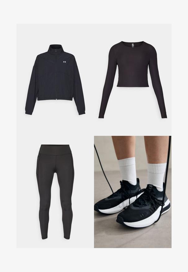 Schwarze Jacke mit Reißverschluss und hohem Kragen, elastischen Bündchen und Saum. Sie hat eine glatte Textur und ein kleines weißes Logo auf der Brust.; Schwarzes, langärmliges, cropped Oberteil aus Rippstoff. Mit rundem Ausschnitt und figurbetonter Silhouette mit strukturierten Oberflächen.; ONLY Play ONPJAM-2-FONT - Tights - black; Schwarze Sportschuhe aus strukturiertem Stoff, mit weißer Sohle und schwarzen Schnürsenkeln. Tragen mit weißen gerippten Socken, stehen auf einer hellen Fläche.