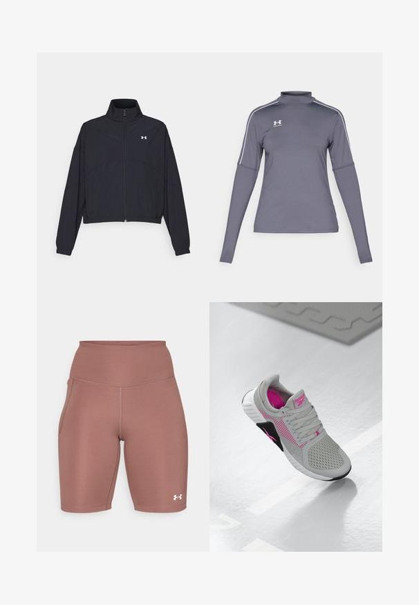 Musta vetoketjullinen takki korkealla kauluksessa, joustavat hihat ja helma. Ominaisuuksiin kuuluu sileä rakenne ja pieni valkoinen logo rinnassa.; Pitkähihainen harmaa urheiluvalma, jossa on korkea kaulus, valkoiset yksityiskohdat hartioissa ja Under Armour -logo vasemmalla rinnassa. Materiaali on sileä.; Korkeavyötäröiset urheilushortsit hillityssä vaaleanpunaisessa värissä. Valmistettu sileästä, joustavasta kankaasta, jossa on sivutasku ja valkoinen logo aksentti helmassa.; Harmaa ja vaaleanpunainen Reebokin urheilukenkä, jossa on verkotettu yläosa ja yksityiskohtainen pohja, esillä heijastavalla valkoisella pinnalla.