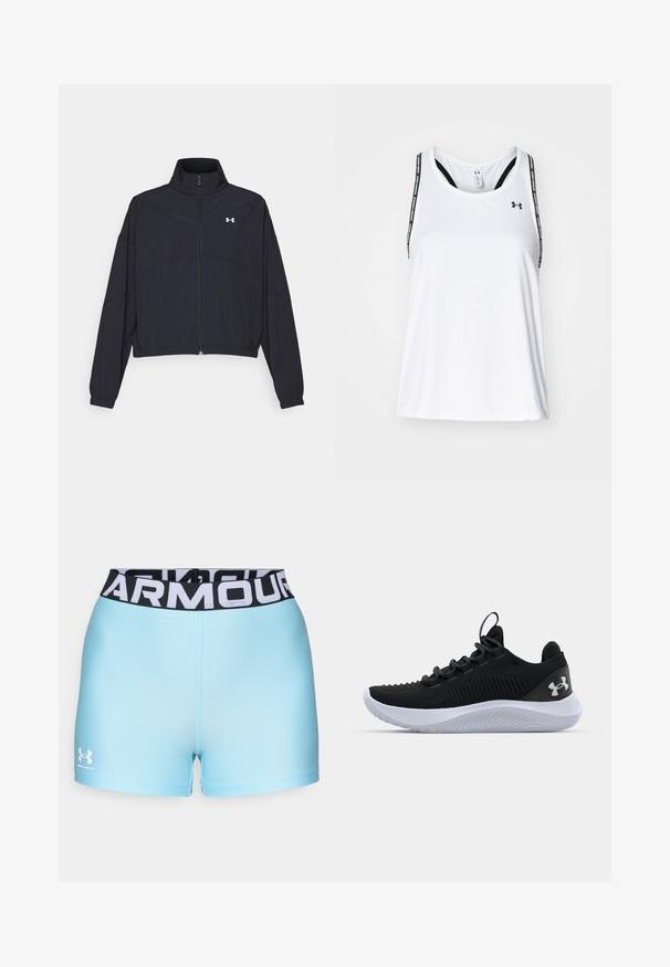 Giacca nera con zip e colletto alto, polsini e orlo elastici. Presenta una texture liscia e un piccolo logo bianco sul petto.; Top sportivo bianco con spalline nere sottili, caratterizzato da stampa del logo e del testo, realizzato in tessuto leggero e traspirante; vestibilità ampia.; Shorts sportivi azzurri chiari con vita nera che presenta il testo bianco "ARMOUR". Il materiale sembra liscio con un design aderente. Logo di Under Armour visibile.; Scarpe sportive nere con una tomaia in mesh traspirante, dettagli testurizzati e una suola in gomma bianca. Presentano lacci piatti e un passante sul tallone.