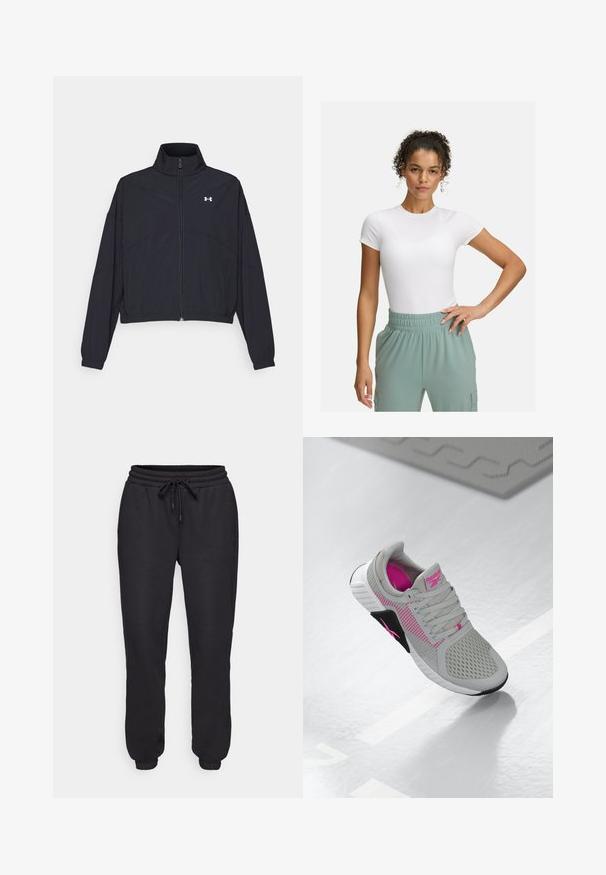 Schwarze Jacke mit Reißverschluss und hohem Kragen, elastischen Bündchen und Saum. Sie hat eine glatte Textur und ein kleines weißes Logo auf der Brust.; Weißes, körpernahes T-Shirt mit kurzen Ärmeln, kombiniert mit hellgrünen Hosen mit elastischem Bund. Glatte Textur, minimalistisches Design und keine sichtbaren Muster.; Schwarze Sweatpants aus weichem Material, mit einem elastischen Bund und Kordelzug, Seitentaschen und elastischen Bündchen an den Knöcheln.; Graue und rosa Reebok Sportschuhe mit Mesh-Obermaterial und detaillierter Sohle, auf einer reflektierenden weißen Fläche präsentiert.