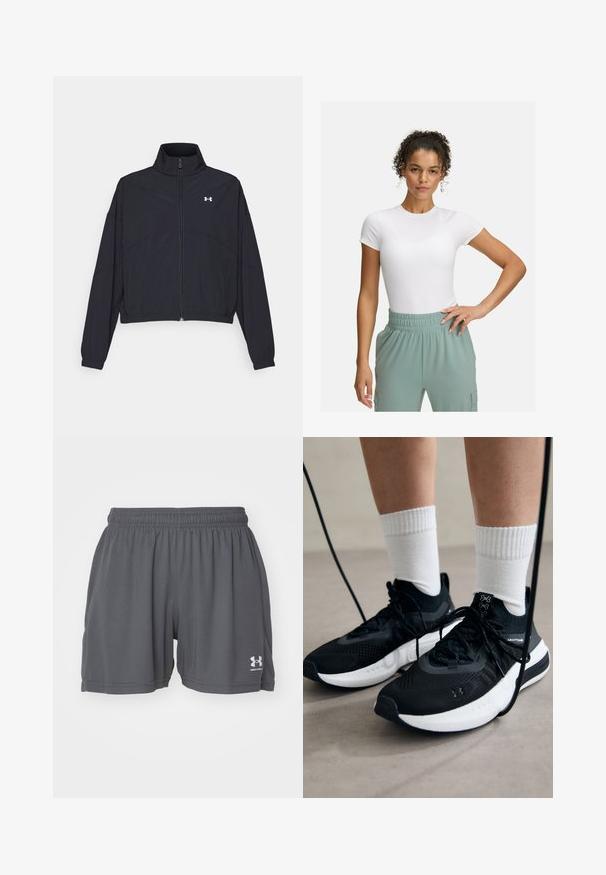 Juodas užtrauktuku užsegamas džemperis su aukštu apykaklės kraštu, elastingomis rankogaliais ir apačia. Pasižymi lygiu tekstūru ir mažuoju baltu logotipu ant krūtinės.; Baltas prigludęs marškinėliai su trumpomis rankovėmis, derinami su šviesiai žaliomis elastingomis kelnėmis. Lygi tekstūra, minimalistinis dizainas, be akivaizdžių raštų.; Pilkos sportinės šortai, pagaminti iš lengvos medžiagos, su elastiniu juosmeniu ir baltu logotipu apatinėje kairėje kojoje. Lygi tekstūra.; Juodi sportiniai batai su tekstūruotu audiniu, balta padu ir juodais raiščiais. Dėvimi su baltais raištiniais kojiniais, stovint lengvame paviršiuje.