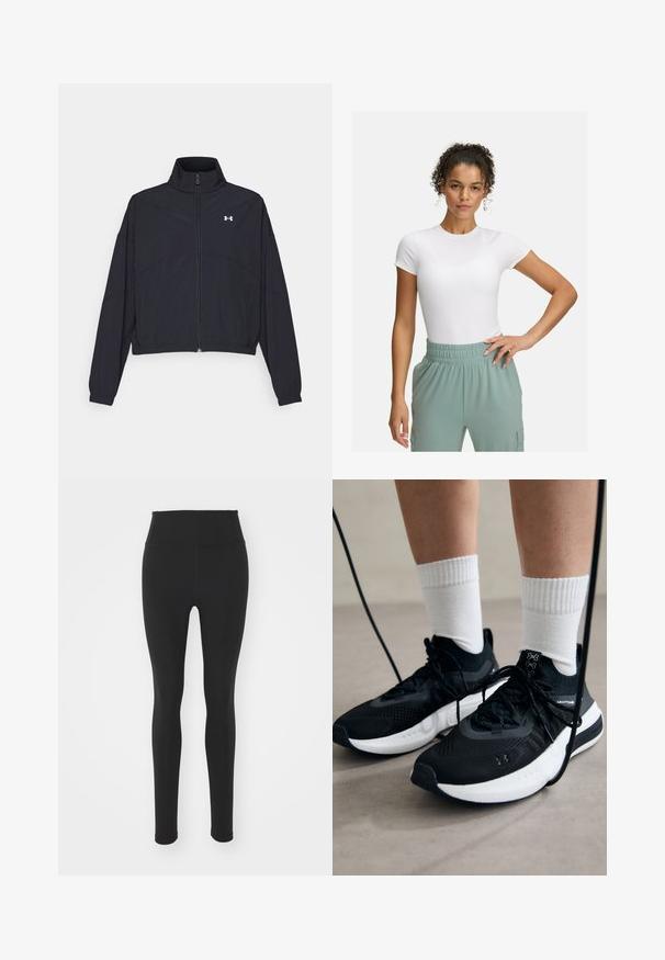 Zwarte zip-up jas met een hoge kraag, elastische manchetten en zoom. Beschikt over een soepele textuur en een klein wit logo op de borst.; Witte fitted t-shirt met korte mouwen, gecombineerd met lichtgroene broek met elastische tailleband. Gladde textuur, minimalistisch ontwerp en geen zichtbare patronen.; Zwarte high-waisted leggings van rekbaar materiaal, met een gladde textuur en een aansluitend ontwerp, tot aan de enkel zonder patronen.; Zwarte sportschoenen van gestructureerde stof, met een witte zool en zwarte veters. Draag ze met witte geribde sokken, staand op een lichte ondergrond.