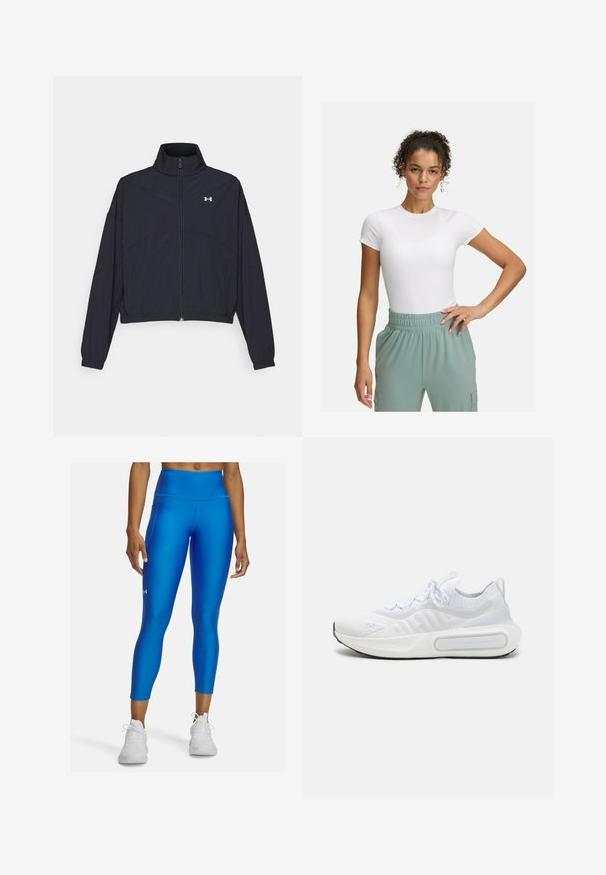 Zwarte zip-up jas met een hoge kraag, elastische manchetten en zoom. Beschikt over een soepele textuur en een klein wit logo op de borst.; Witte fitted t-shirt met korte mouwen, gecombineerd met lichtgroene broek met elastische tailleband. Gladde textuur, minimalistisch ontwerp en geen zichtbare patronen.; Blauwe sportlegging gemaakt van rekbare, gladde stof met een hoge tailleband en een klein logodetail op de linkerkuit.; Witte sportieve schoen met een geweven bovenkant, vetersluiting, gevoerde zool en een kenmerkend merkteken aan de zijkant.