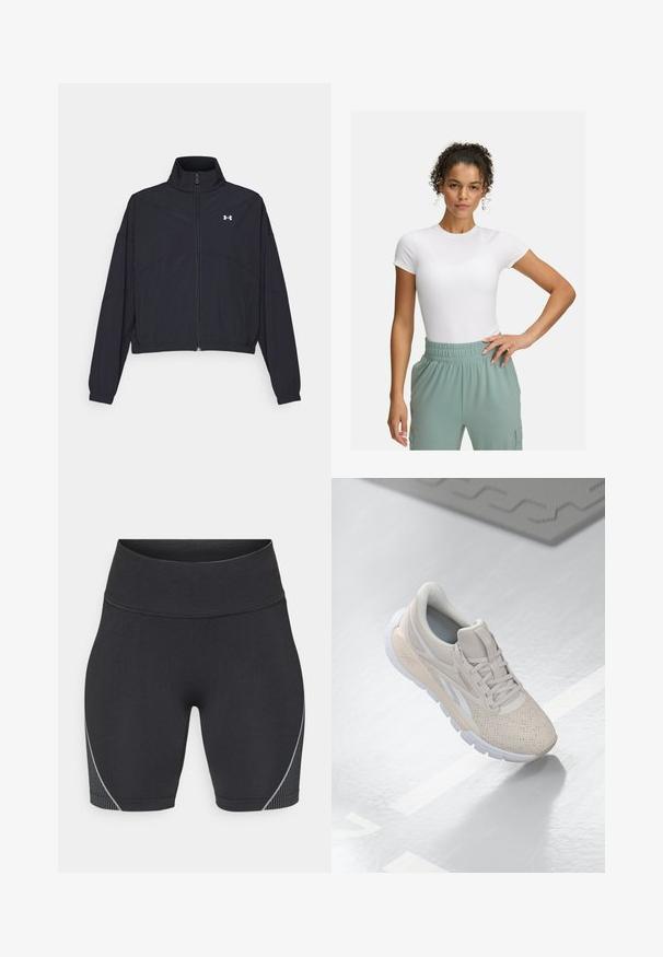 Black zip-up jacket with a high collar, elastic cuffs, and hem. Features a smooth texture and a small white logo on the chest.; White fitted t-shirt with short sleeves, paired with light green elastic waistband pants. Smooth texture, minimalist design, and no visible patterns.; Black athletic shorts with a high waistband, made of stretchy fabric. Features a sleek design and subtle gray stripe accents along the side.; Light beige athletic shoe with a perforated upper, textured accents, padded collar, and white rubber sole, designed for comfort and breathability.