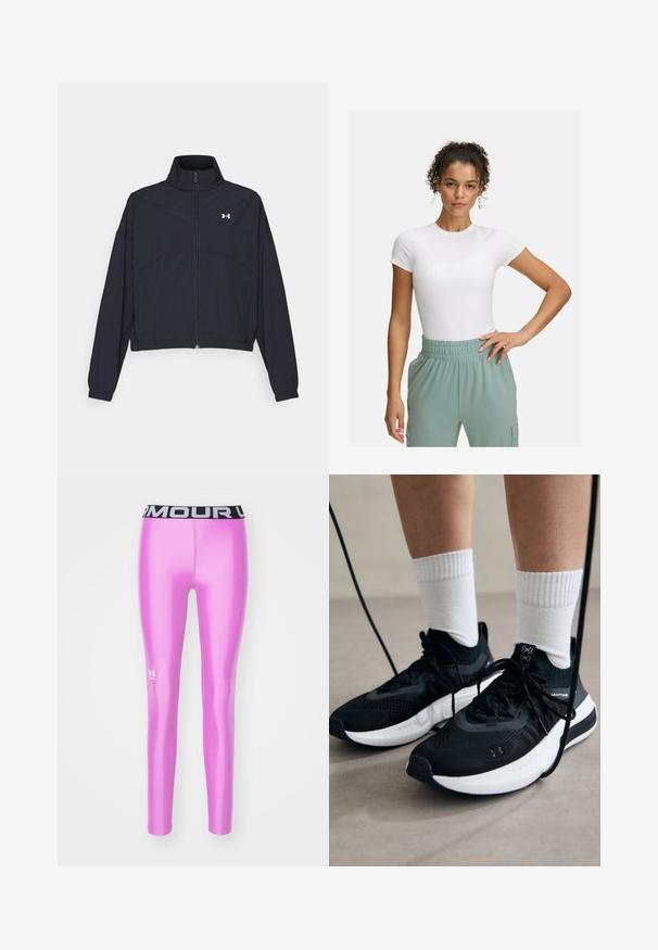 Giacca nera con zip e colletto alto, polsini e orlo elastici. Presenta una texture liscia e un piccolo logo bianco sul petto.; T-shirt bianca aderente con maniche corte, abbinata a pantaloni con elastico in vita di colore verde chiaro. Texture liscia, design minimalista e nessun motivo visibile.; Leggings atletici rosa con una finitura lucida, dotati di un cinturino nero con il logo stampato in bianco sulla parte inferiore della gamba sinistra.; Scarpe sportive nere con tessuto testurizzato, suola bianca e lacci neri. Indossate con calzini bianchi a costine, in piedi su una superficie chiara.