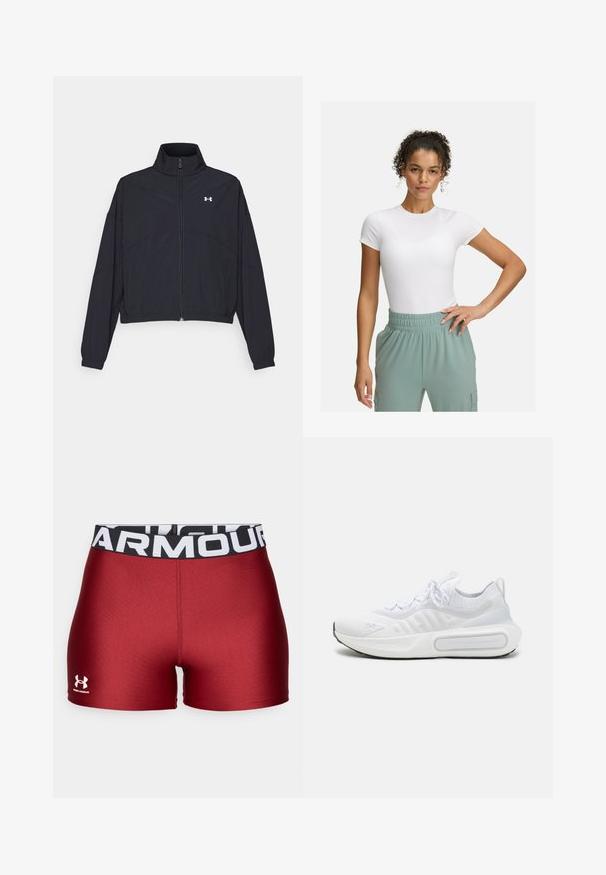 Zwarte zip-up jas met een hoge kraag, elastische manchetten en zoom. Beschikt over een soepele textuur en een klein wit logo op de borst.; Witte fitted t-shirt met korte mouwen, gecombineerd met lichtgroene broek met elastische tailleband. Gladde textuur, minimalistisch ontwerp en geen zichtbare patronen.; Under Armour HEATGEAR SHORTY - Tights - cardinal/white; Witte sportieve schoen met een geweven bovenkant, vetersluiting, gevoerde zool en een kenmerkend merkteken aan de zijkant.