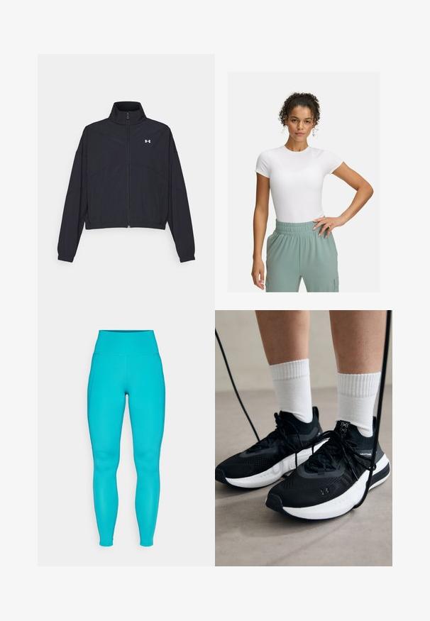 Melnā zipa jakā ar augstu apkakli, elastīgām piedurknēm un apakšmalu. Tai ir gluda tekstūra un neliels balts logo uz krūšu daļas.; Balta pieguļoša T-kreklā ar īsām piedurknēm, kombinēta ar gaiši zaļām elastīgām biksēm. Gluda tekstūra, minimālisma dizains, bez redzamām rakstainām detaļām.; Turquoise legingi ar augsto jostu, izgatavoti no stiepjama materiāla. Iezīmē gludu tekstūru un sānu šuves, pieguļošs dizains, kas nodrošina ērtu kustību.; Melni sporta apavi ar strukturētu audumu, balta zole un melni šņores. Valkāti ar baltām ribotām zeķēm, stāvot uz gaišas virsmas.