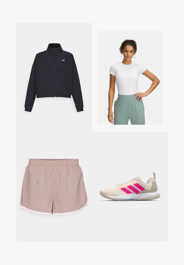 Black zip-up jacket with a high collar, elastic cuffs, and hem. Features a smooth texture and a small white logo on the chest.; White fitted t-shirt with short sleeves, paired with light green elastic waistband pants. Smooth texture, minimalist design, and no visible patterns.; Athletic shorts in light beige fabric with an elastic waistband, featuring a contrasting white trim along the edges and a loose fit design.; Beige athletic shoe with pink three-stripe logo, textured mesh upper, padded collar, and white rubber sole, featuring "LIGHTSTRIKE" branding.