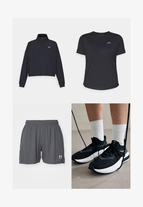 Čierna zipová bunda s vysokým golierom, elastickými manžetami a lemom. Má hladkú textúru a malé biele logo na hrudi.; Čierne športové tričko s krátkym rukávom a okrúhlym výstrihom, hladká tkanina a reflexná modrá-logo na ľavej hrudi. Stehy pozdĺž švov.; Sivé športové šortky vyrobené z ľahkej tkaniny, so elastickým pásom a bielym logom na dolnej ľavej nohe. Hladká textura.; Čierne športové topánky s textúrovanou tkaninou, bielou podrážkou a čiernymi šnúrkami. Nosené s bielymi rebrovanými ponožkami, postavené na svetlom povrchu.