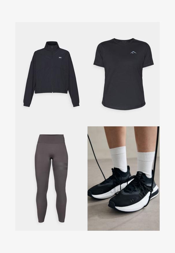 Black zip-up jacket with a high collar, elastic cuffs, and hem. Features a smooth texture and a small white logo on the chest.; Black short-sleeve athletic shirt with crew neckline, smooth fabric, and reflective blue logo on the left chest. Stitched detailing along seams.; High-waisted, form-fitting leggings in dark gray fabric. Features textured stripe accents on the left thigh. Smooth, stretchy material.; Black athletic shoes with textured fabric, white sole, and black laces. Worn with white ribbed socks, standing on a light surface.