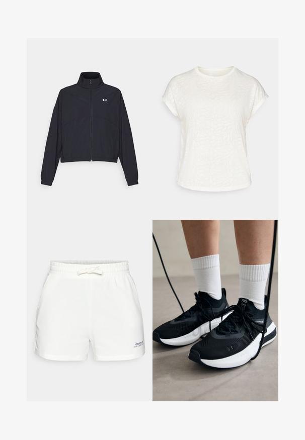 Black zip-up jacket with a high collar, elastic cuffs, and hem. Features a smooth texture and a small white logo on the chest.; White short-sleeve t-shirt featuring a textured floral pattern, round neckline, and relaxed fit. Made from soft, lightweight fabric.; White elastic-waist shorts in soft fabric, featuring a drawstring, pockets, and a small blue logo on the lower left side.; Black athletic shoes with textured fabric, white sole, and black laces. Worn with white ribbed socks, standing on a light surface.