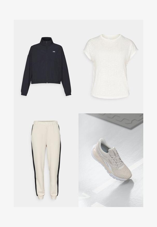 Svart zip-up jakke med høy krage, elastiske mansjetter og hem. Har en glatt tekstur og en liten hvit logo på brystet.; Hvit t-skjorte med korte ermer som har et teksturert blomstermønster, rund hals og avslappet passform. Laget av myk, lett stoff.; Beige joggebukser med sorte sidestriper, elastisk midje og ribbede ankler. Laget av mykt, elastisk materiale, med sidelommer.; Lys beige treningssko med perforert overdel, teksturerte detaljer, polstret krage og hvit gummisåle, designet for komfort og pusteegenskaper.
