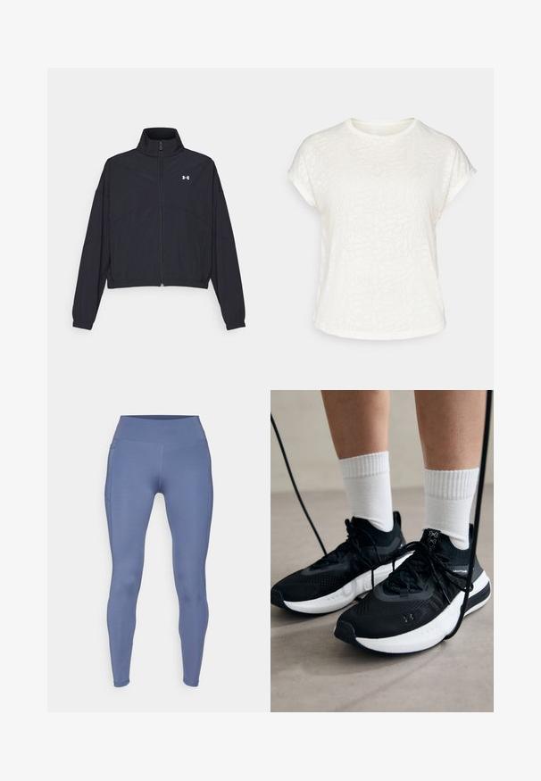 Black zip-up jacket with a high collar, elastic cuffs, and hem. Features a smooth texture and a small white logo on the chest.; White short-sleeve t-shirt featuring a textured floral pattern, round neckline, and relaxed fit. Made from soft, lightweight fabric.; ONLY Play ONPJAM-2-FONT - Leggings - vintage indigo; Black athletic shoes with textured fabric, white sole, and black laces. Worn with white ribbed socks, standing on a light surface.