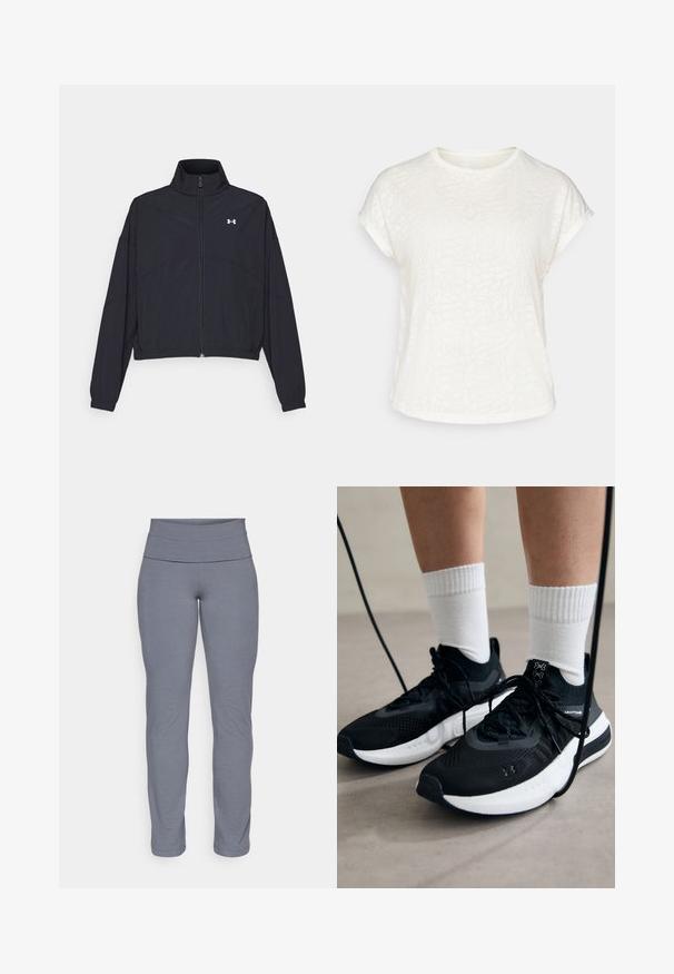 Schwarze Jacke mit Reißverschluss und hohem Kragen, elastischen Bündchen und Saum. Sie hat eine glatte Textur und ein kleines weißes Logo auf der Brust.; Weißes T-Shirt mit kurzen Ärmeln, das ein strukturiertes Blumenmuster, einen runden Halsausschnitt und einen lässigen Schnitt aufweist. Hergestellt aus weichem, leichtem Stoff.; Graue Sportleggings mit einem breiten, glatten Bund und einem taillierten, schmal zulaufenden Bein. Hergestellt aus einem weichen, dehnbaren Stoff.; Schwarze Sportschuhe aus strukturiertem Stoff, mit weißer Sohle und schwarzen Schnürsenkeln. Tragen mit weißen gerippten Socken, stehen auf einer hellen Fläche.